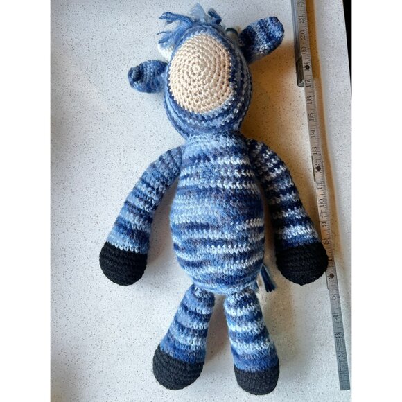 Hand Knitted Blue Striped Cow Toy Stuffed Animal Child’s Snuggle Gift - Picture 6 of 12